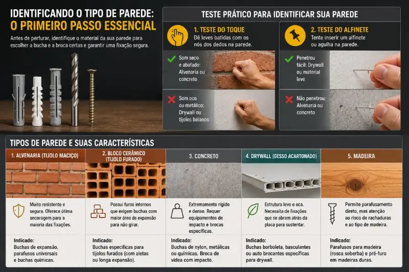 Guia visual para identificação de tipos de parede: alvenaria, concreto e drywall